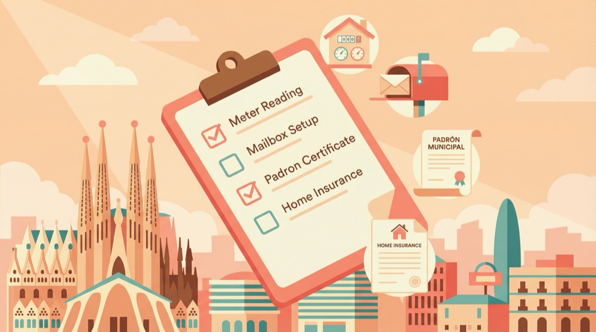Illustration of a settlement checklist floating above the Barcelona skyline