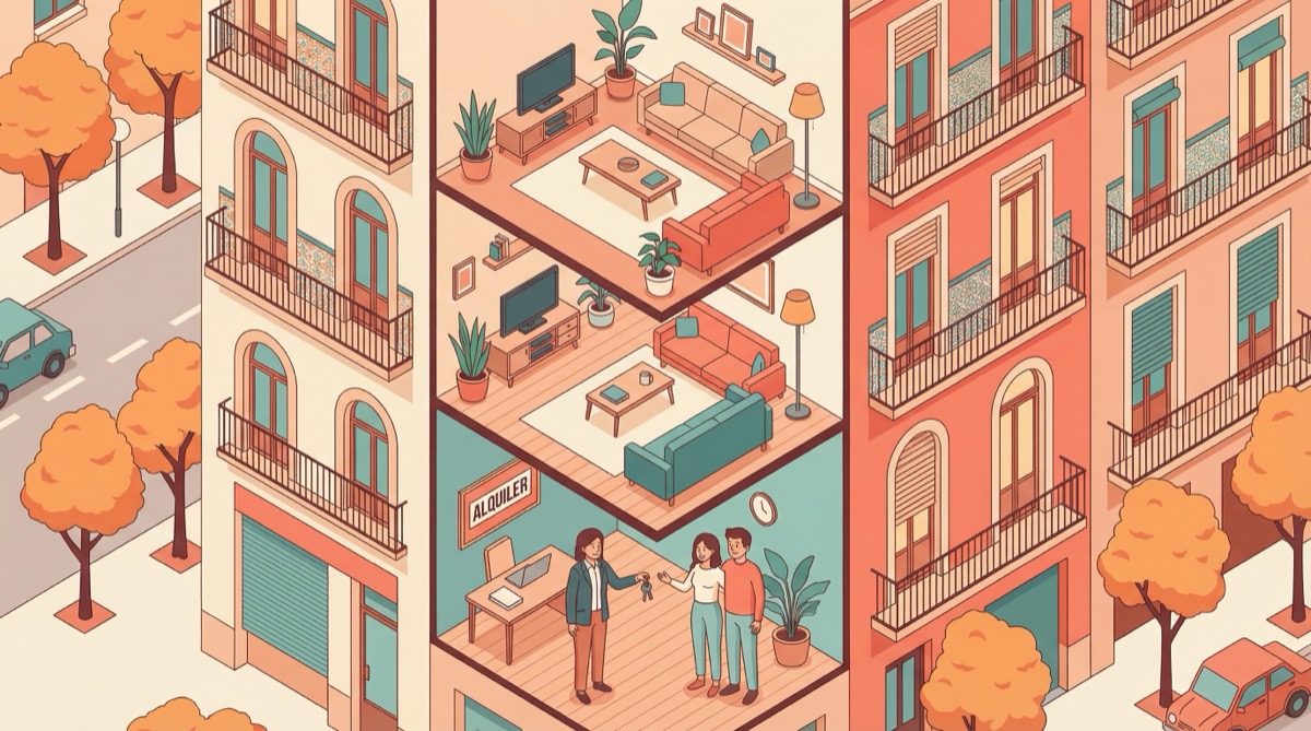 Illustration of a Barcelona apartment building cross-section with an agent handing keys to a couple