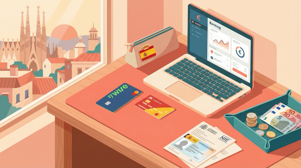 Illustration of a desk with banking cards, NIE documents, and Barcelona rooftops through the window