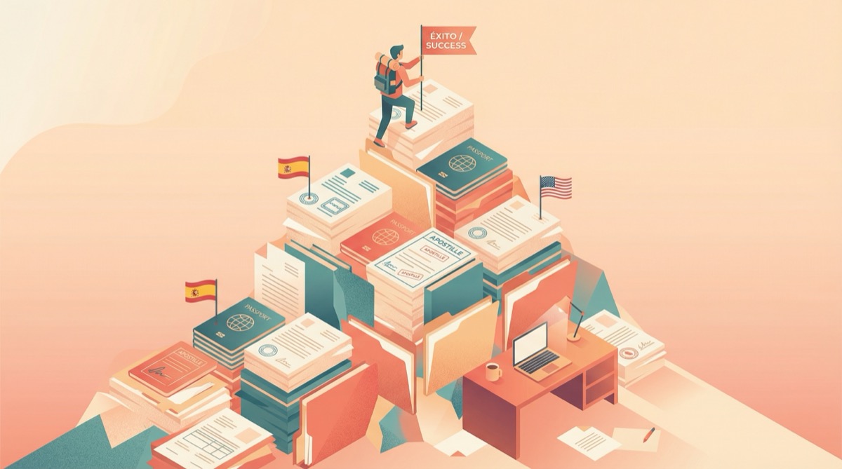Illustration of a person climbing a mountain made of official documents, passports, and apostille stamps