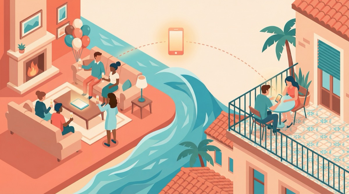 Illustration showing friends celebrating on one side and a couple on a Barcelona balcony on the other, connected across an ocean