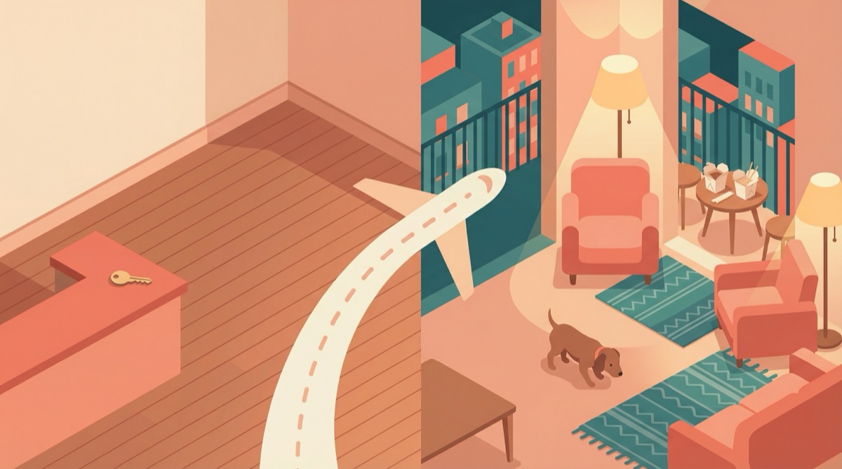 Illustration showing an empty American apartment transitioning via airplane to a cozy furnished Barcelona apartment