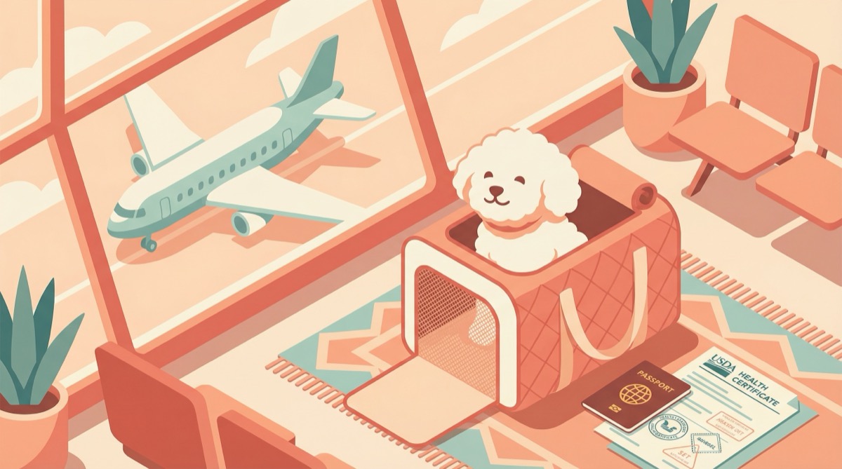 Illustration of a small white dog in a carrier at an airport gate with passport and health certificate