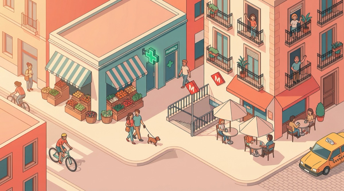 Illustration of a vibrant Barcelona neighborhood with a couple walking their dog past a market, pharmacy, and cafe
